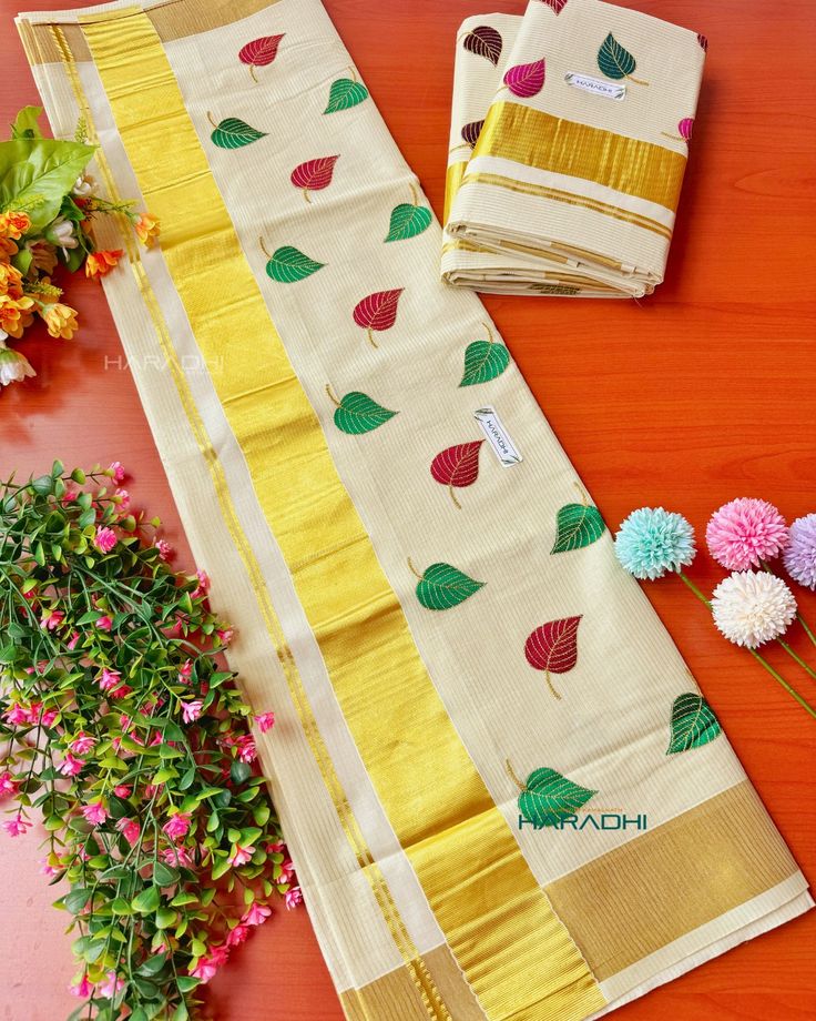 Kerala Saree with Embroidery in 
Golden Zari