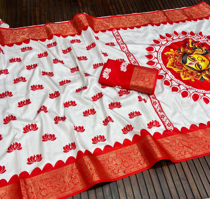 Durga Puja Themed Litchi Silk Sarees