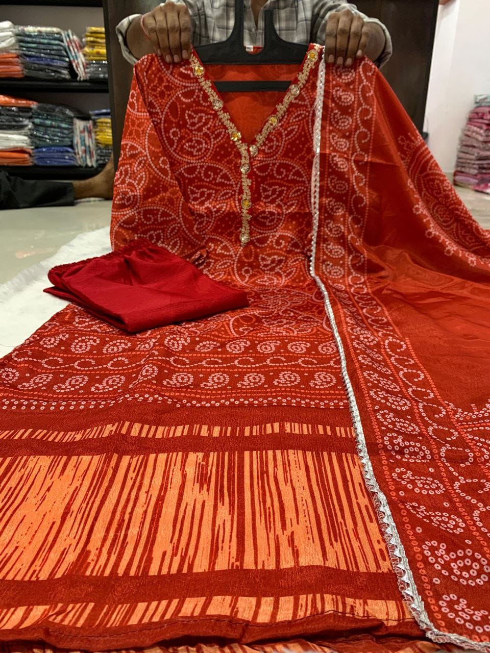 Bandhani Chinon Silk Readymade Kurti Sets