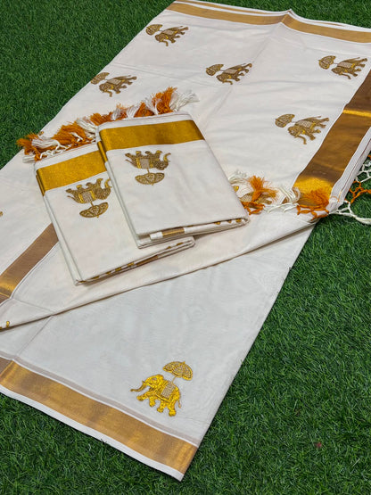 Kerala Saree with Embroidery in 
Golden Zari
