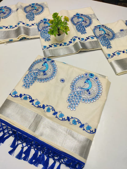 Kerala Saree with Embroidery in Silver Zari