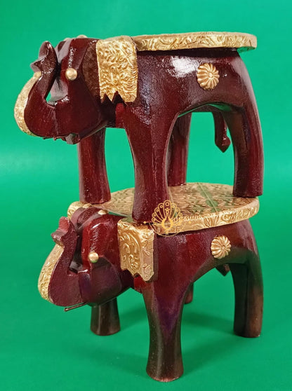 Wooden Brass Elephant Stool Home Decor