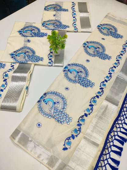 Kerala Saree with Embroidery in Silver Zari