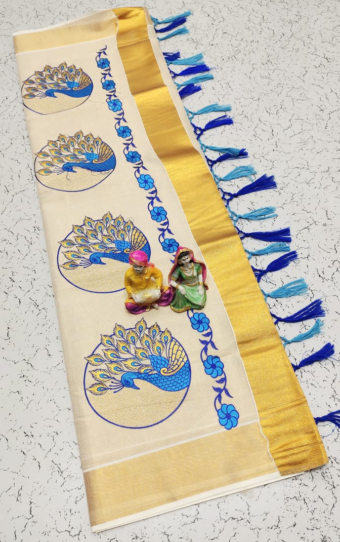 Kerala Saree with Embroidery in 
Golden Zari