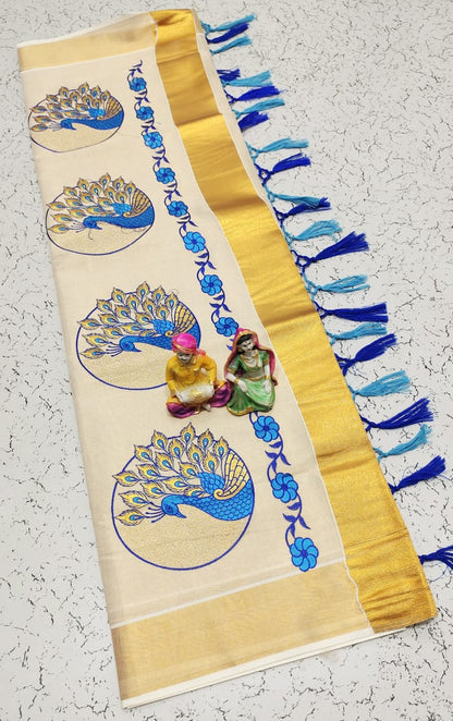 Kerala Saree with Embroidery in 
Golden Zari