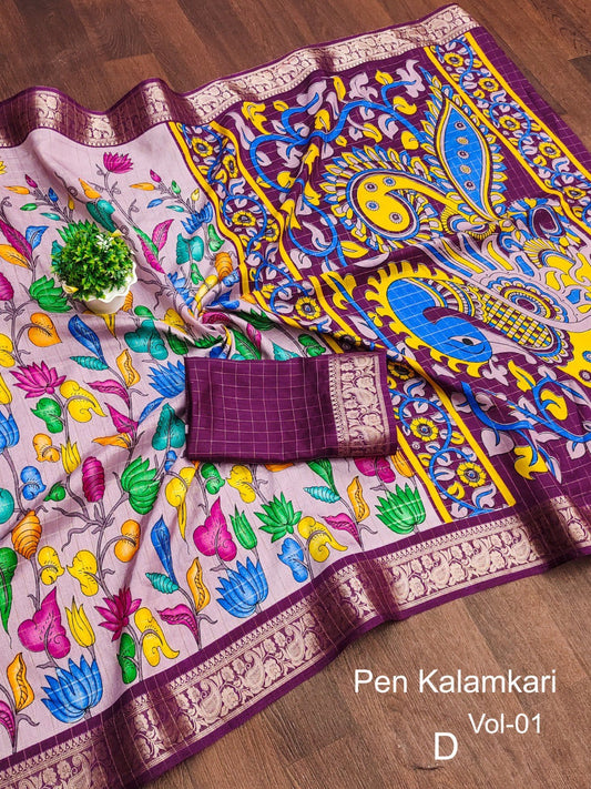 Dola Silk Sarees With Kalamkari Borders