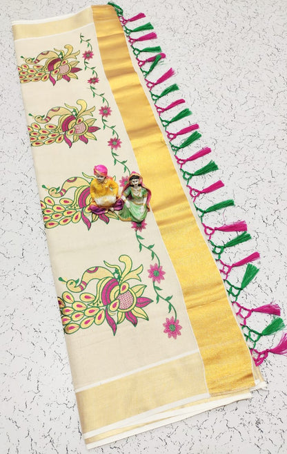 Kerala Saree with Embroidery in 
Golden Zari