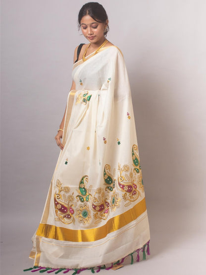 Kerala Saree with Embroidery in 
Golden Zari