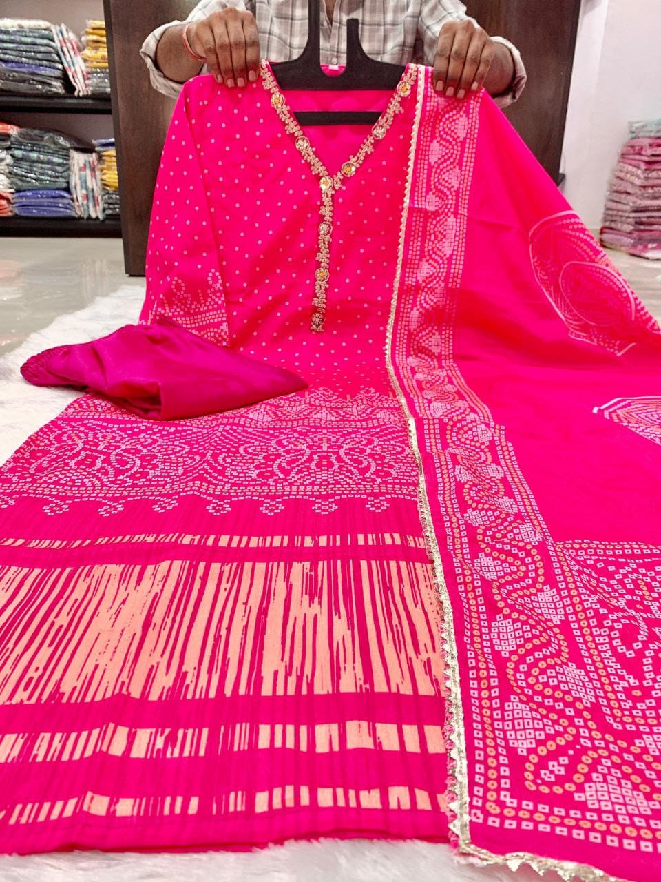 Bandhani Chinon Silk Readymade Kurti Sets