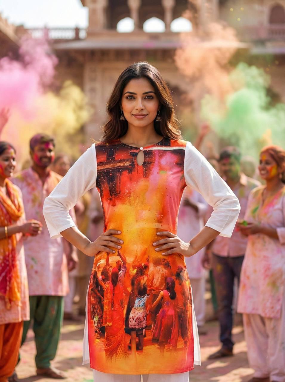 Holi Print Couple Kurta Combo
