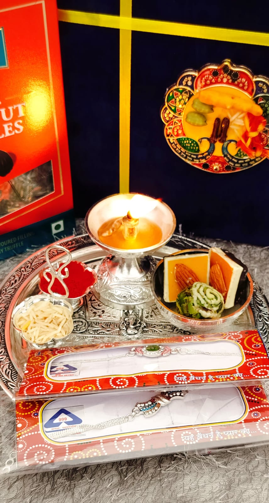 German Silver Rakhi Aarti Thali Combo