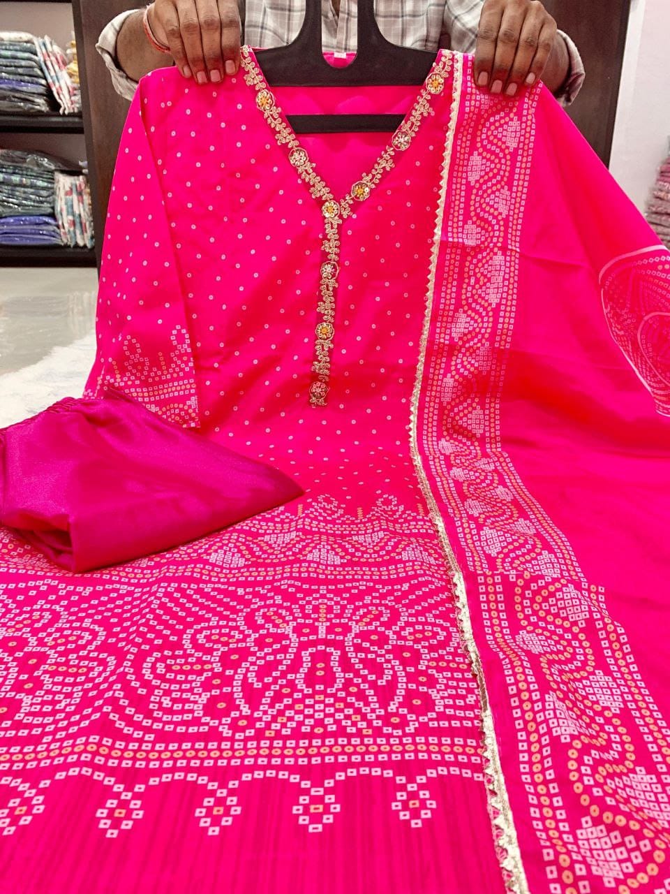 Bandhani Chinon Silk Readymade Kurti Sets