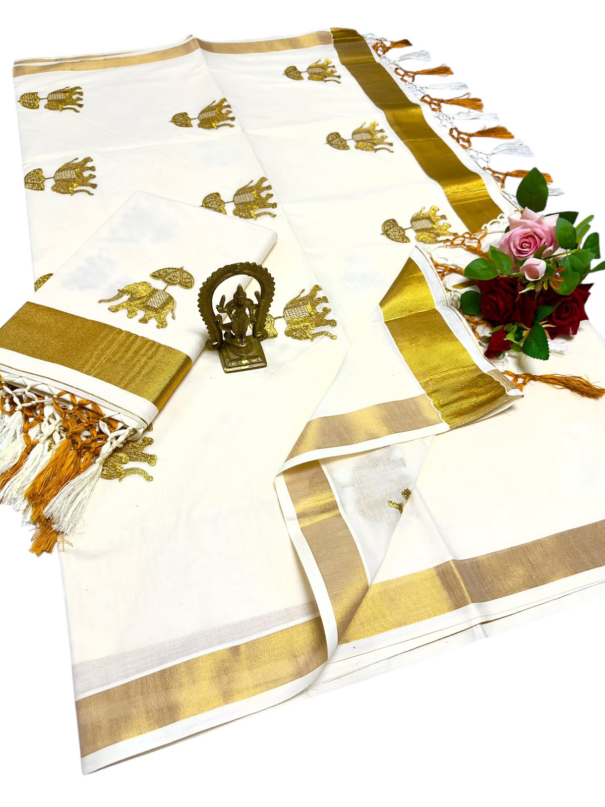 Kerala Saree with Embroidery in 
Golden Zari