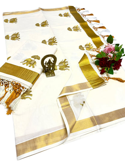 Kerala Saree with Embroidery in 
Golden Zari