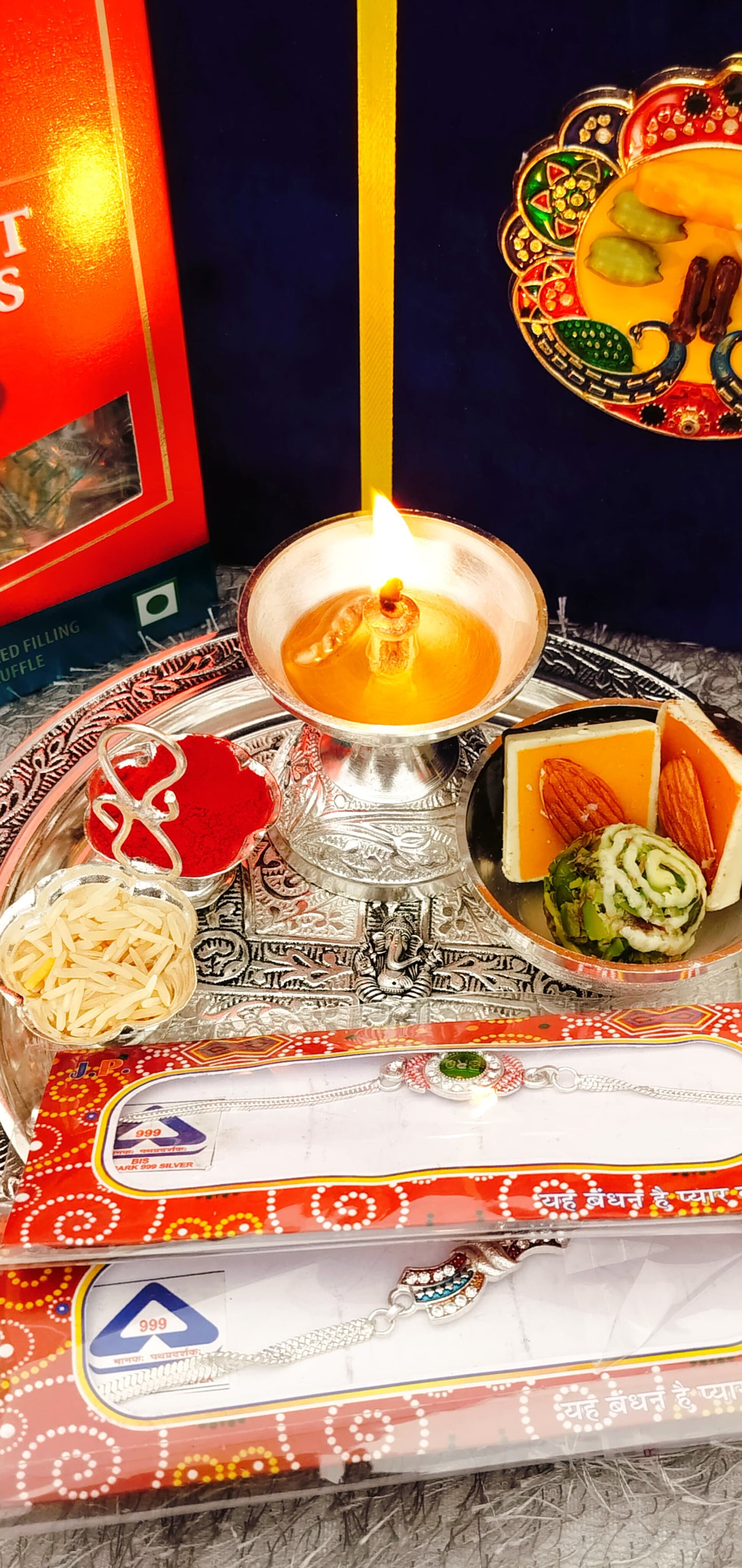 German Silver Rakhi Aarti Thali Combo