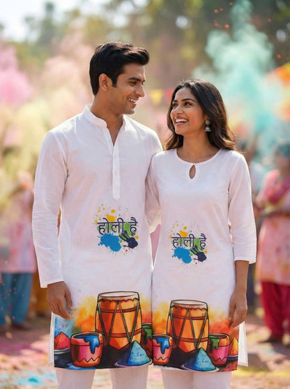 Holi Print Couple Kurta Combo