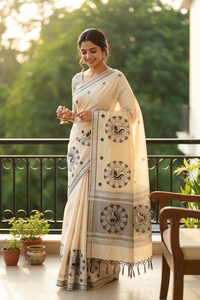 Kerala Saree with Embroidery in Silver Zari
