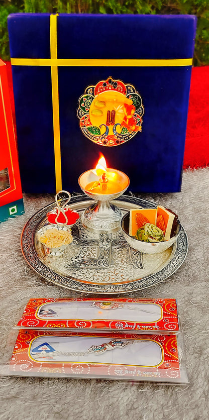 German Silver Rakhi Thali Combo