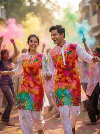 Holi Print Couple Kurta Combo