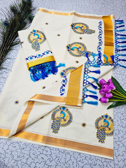 Kerala Saree with Embroidery in 
Golden Zari