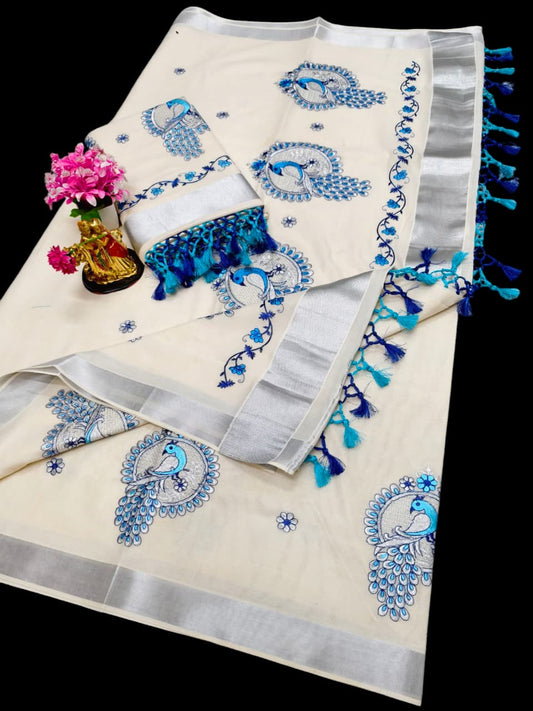 Kerala Saree with Embroidery in Silver Zari