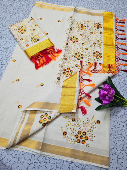 Kerala Saree with Embroidery in 
Golden Zari