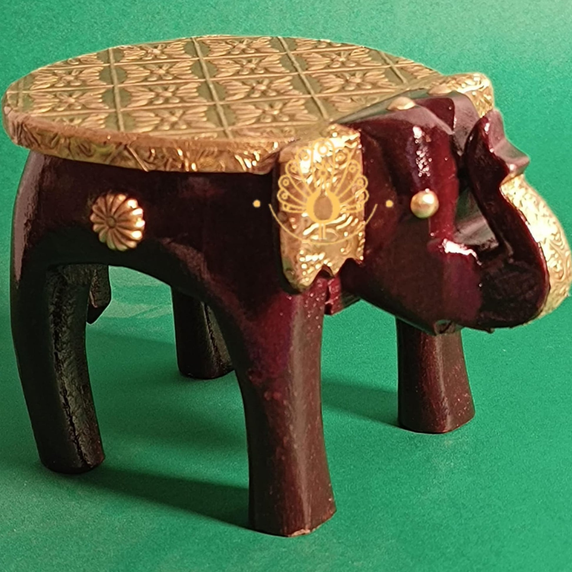 Wooden Brass Elephant Stool Home Decor