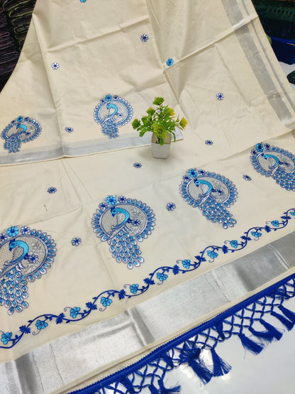 Kerala Saree with Embroidery in Silver Zari