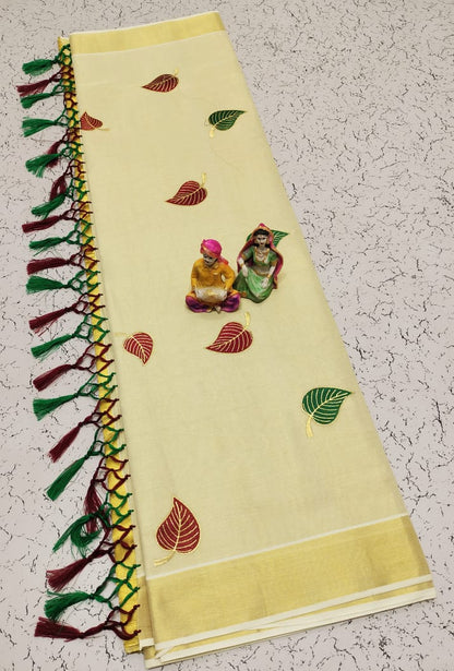 Kerala Saree with Embroidery in 
Golden Zari