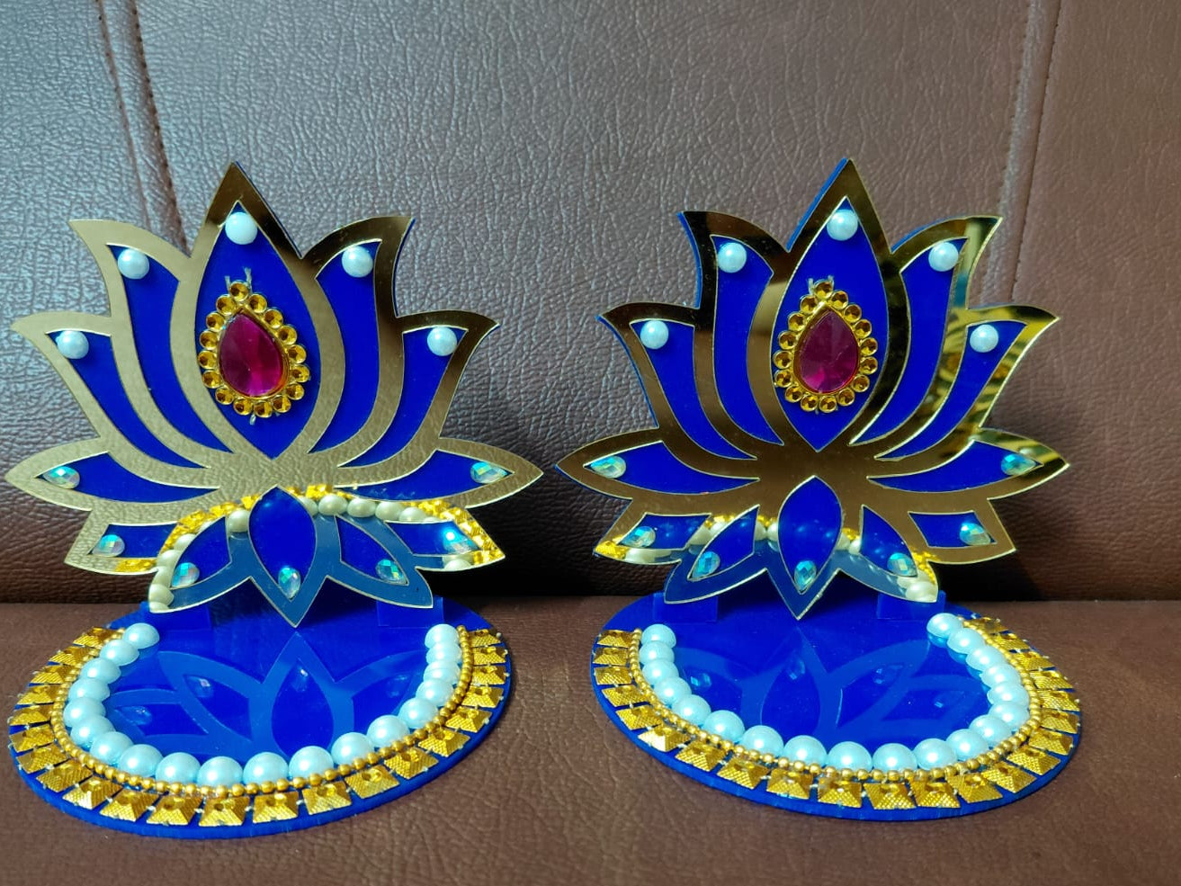 Acrylic Decorated Lotus Diya Stand in pair