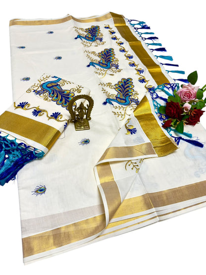 Kerala Saree with Embroidery in 
Golden Zari