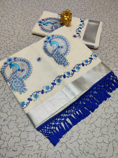 Kerala Saree with Embroidery in Silver Zari