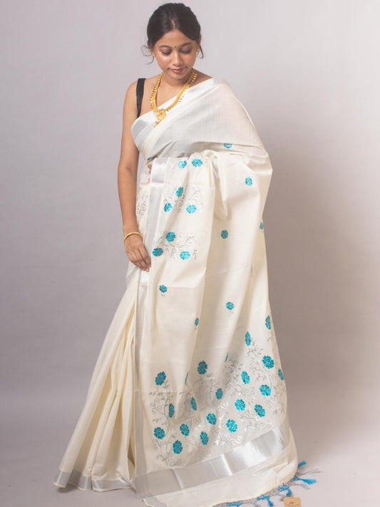 Kerala Saree with Embroidery in Silver Zari