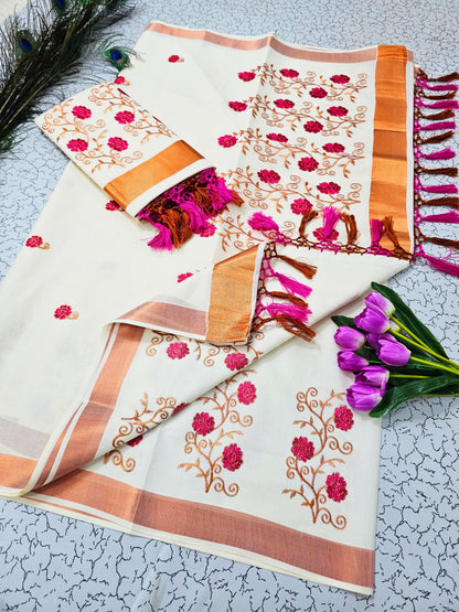 Kerala Saree with Embroidery in 
Copper zari