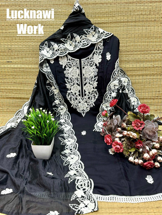 Cotton Silk Lucknowi Dress Materials