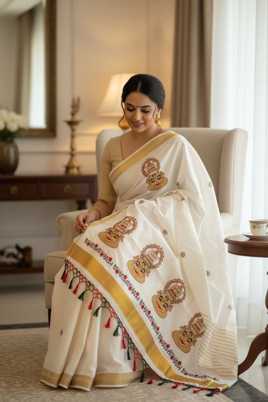 Kerala Saree with Embroidery in 
Golden Zari