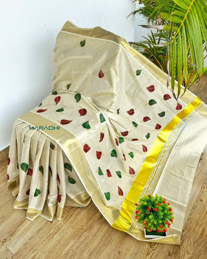 Kerala Saree with Embroidery in 
Golden Zari