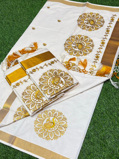 Kerala Saree with Embroidery in 
Golden Zari