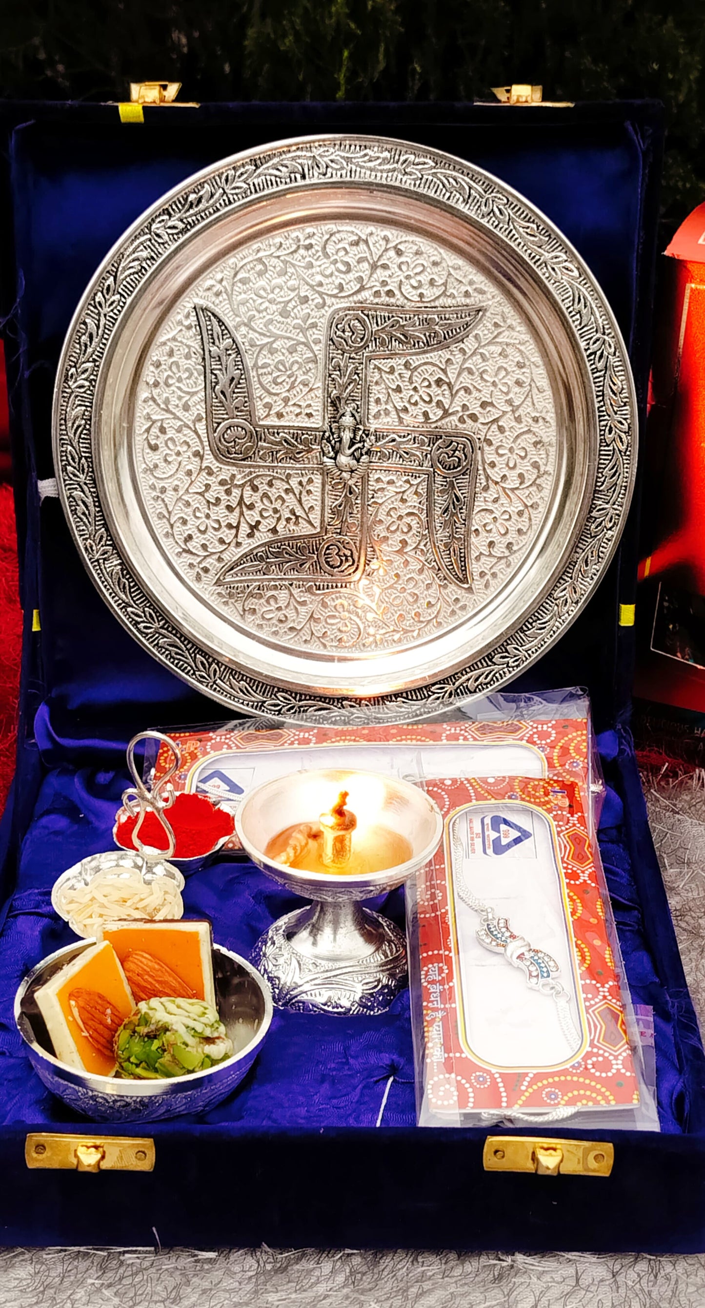 German Silver Rakhi Aarti Thali Combo