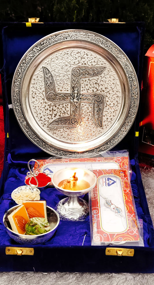 German Silver Rakhi Aarti Thali Combo