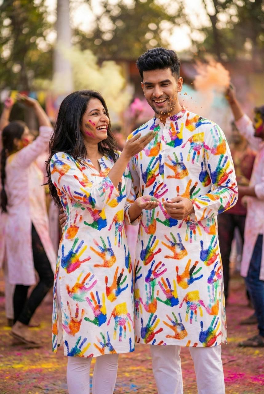 Holi Print Couple Kurta Combo