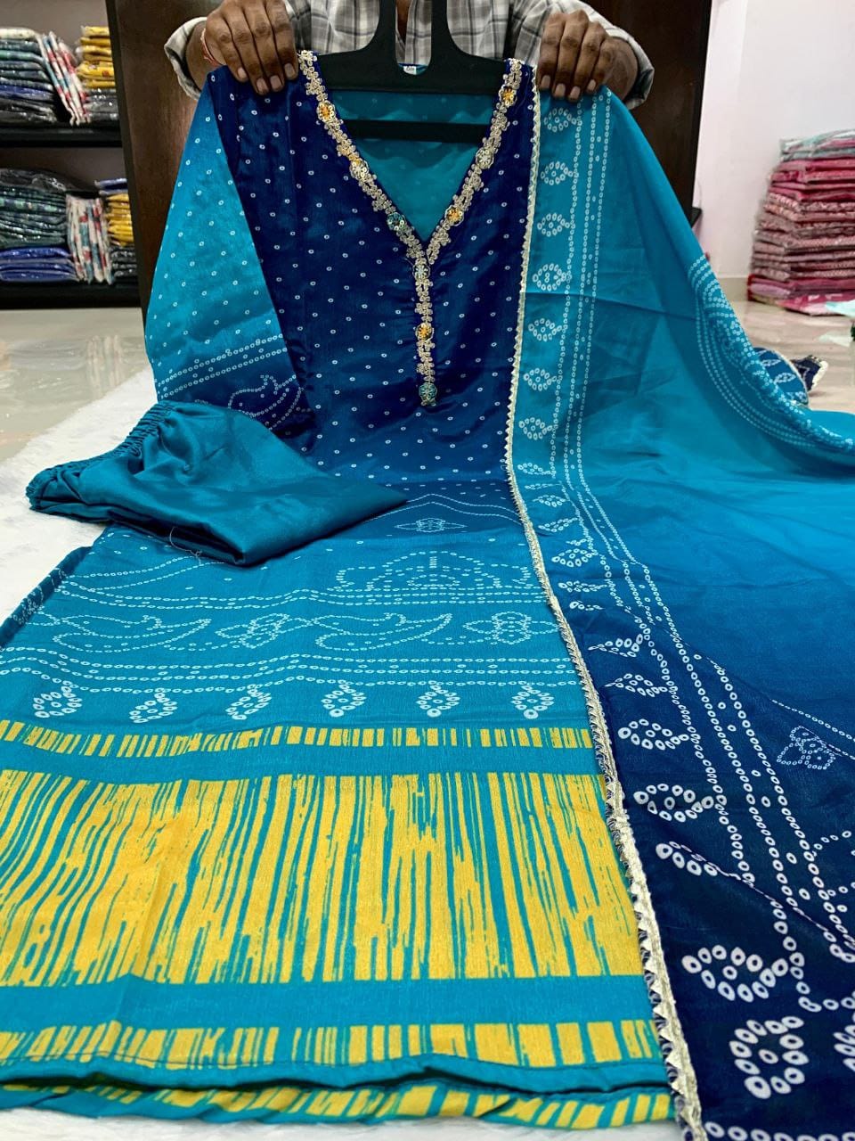 Bandhani Chinon Silk Readymade Kurti Sets