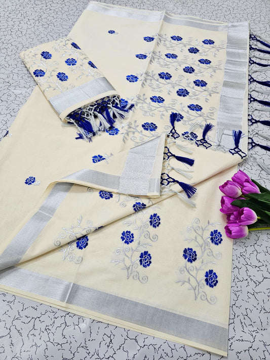 Kerala Saree with Embroidery in Silver Zari