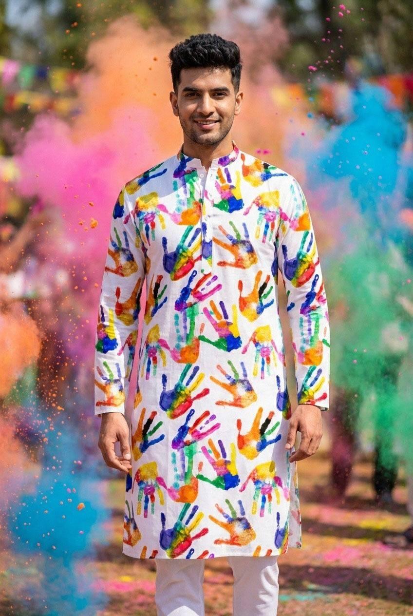 Holi Print Couple Kurta Combo