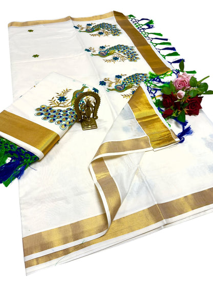 Kerala Saree with Embroidery in 
Golden Zari