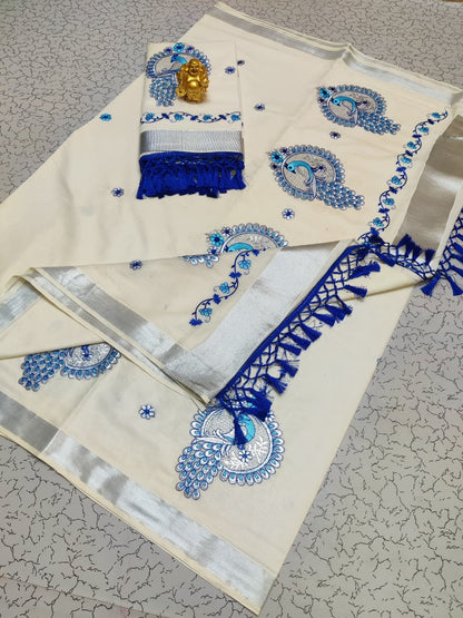 Kerala Saree with Embroidery in Silver Zari