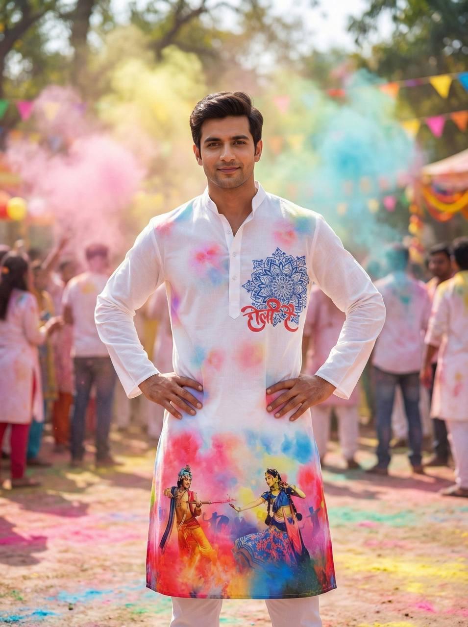 Holi Print Couple Kurta Combo