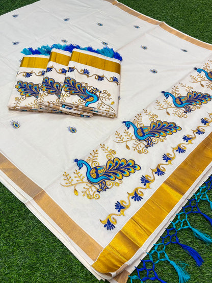 Kerala Saree with Embroidery in 
Golden Zari