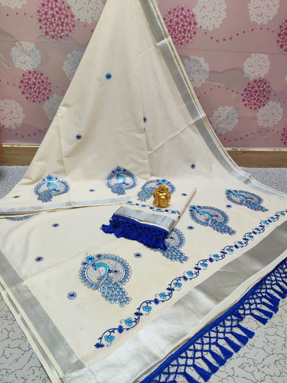 Kerala Saree with Embroidery in Silver Zari