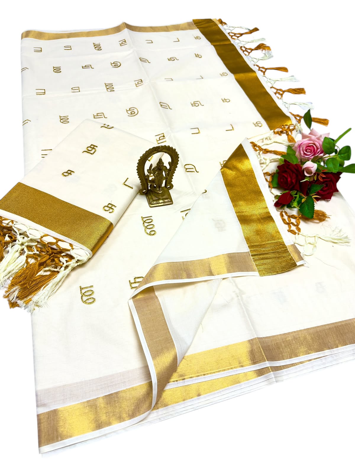 Kerala Saree with Embroidery in 
Golden Zari
